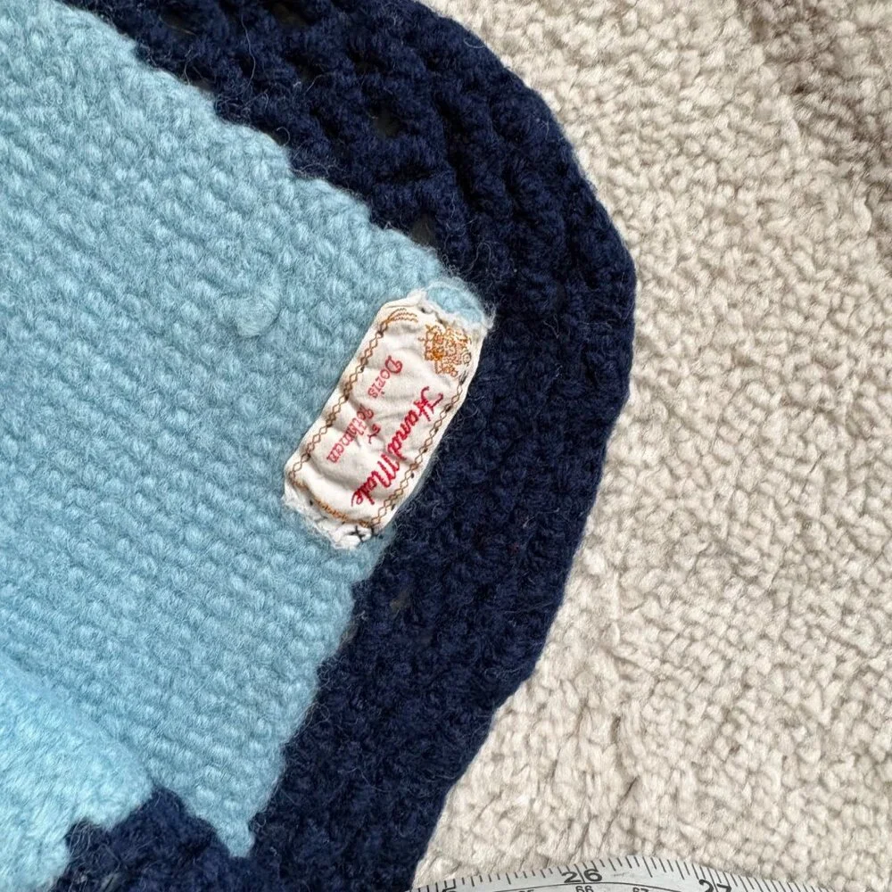 Vintage Handmade Knit Afghan Throw Blue Floral Panel Cottagecore Crochet Blanket